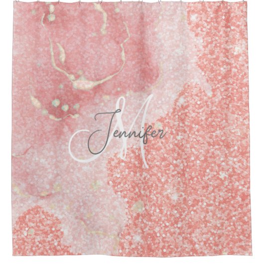 Girly Agate Pink Glitter Blush Monogram Douchegordijn (Voorkant)