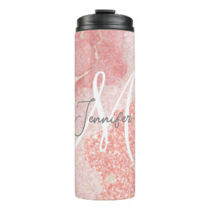 Girly Agate Pink Glitter Blush Monogram Thermosbeker