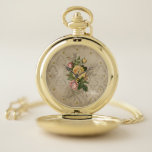 Girly Antiek Gouden Damast en Rozen Zakhorloge<br><div class="desc">Heerlijk cluster van  roze rozen op grungy goudkleurige damast achtergrond met optionele gestippelde hash markeringen.</div>