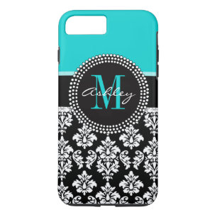 Girly Aqua Black Damask Your Monogram Name Case-Mate iPhone Case