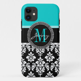 Girly Aqua Black Damask Your Monogram Name iPhone 11 Hoesje