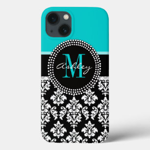 Girly Aqua Black Damask Your Monogram Name Case-Mate iPhone Case