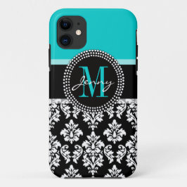 Girly Aqua Black Damask Your Monogram Name iPhone 11 Hoesje
