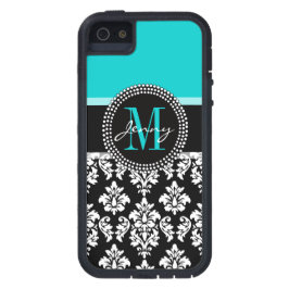 Girly Aqua Black Damask Your Monogram Name iPhone 11 Hoesje