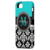 Girly Aqua Black Damask Your Monogram Name Case-Mate iPhone Case (Achterkant Links)
