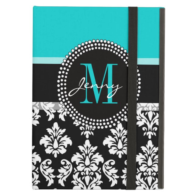 Girly Aqua Black Damask Your Monogram Name iPad Air Hoesje (Voorkant Gesloten)