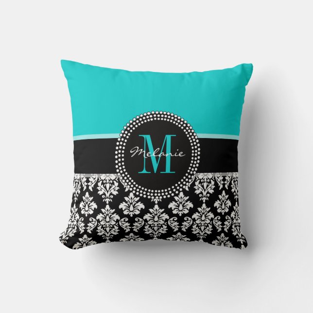 Girly Aqua Black Damask Your Monogram Name Pillow Kussen (Voorkant)