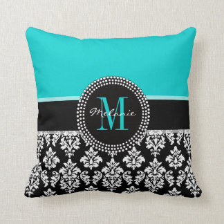 Girly Aqua Black Damask Your Monogram Name Pillow Kussen