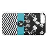 Girly Aqua Black & White Chevron Monogram Name Case-Mate iPhone Case (Achterkant (Horizontaal))