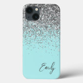 Girly Aqua Blau Zilver Glitter Monogram Case-Mate iPhone Case (Achterkant)