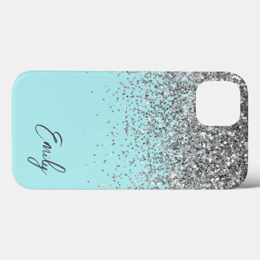 Girly Aqua Blau Zilver Glitter Monogram Case-Mate iPhone Case (Achterkant (horizontaal))