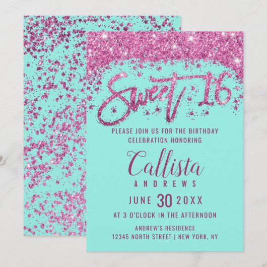 Girly Aqua Blauwgroen Helderroze Glitter Dust Swee Kaart (Voorkant / Achterkant)