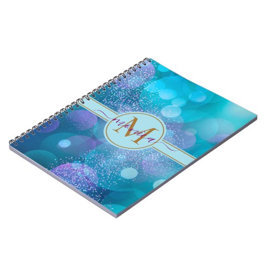 Girly Aqua Blue Bokeh Gold Glitter Monogram Naam Notitieboek (Linkerzijde)