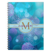 Girly Aqua Blue Bokeh Gold Glitter Monogram Naam Notitieboek (Voorkant)