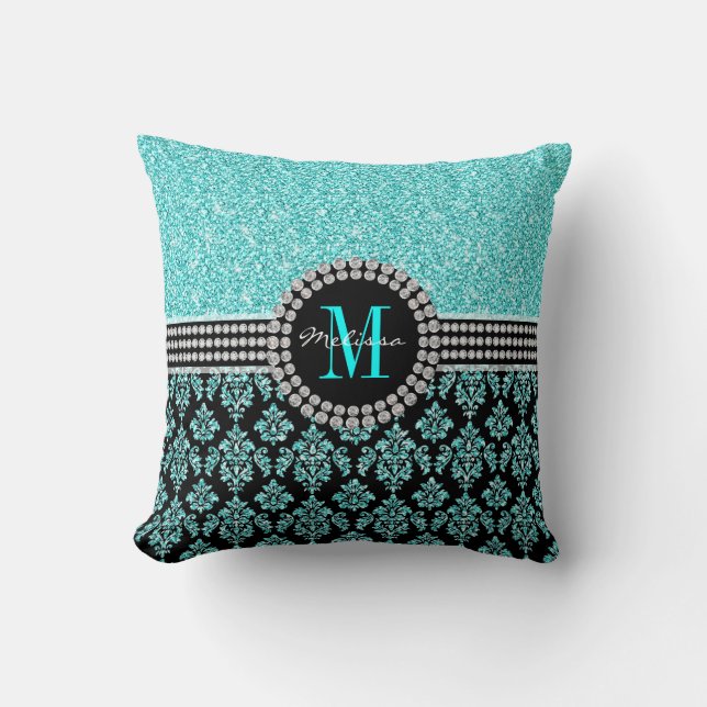 Girly Aqua Blue Glitter Monogram Damask Name Kussen (Voorkant)
