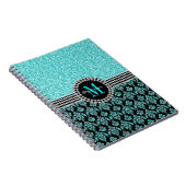 Girly Aqua Blue Glitter Monogram Damask Name Notitieboek (Rechterzijde)