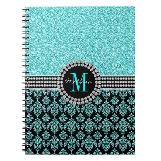 Girly Aqua Blue Glitter Monogram Damask Name Notitieboek (Voorkant)