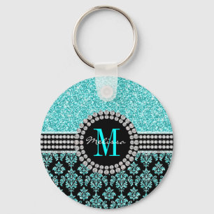 Girly Aqua Blue Glitter Monogram Damask Name Sleutelhanger