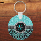 Girly Aqua Blue Glitter Monogram Damask Name Sleutelhanger (Voorkant)