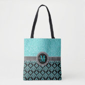Girly Aqua Blue Glitter Monogram Damask Name Tote Bag (Voorkant)