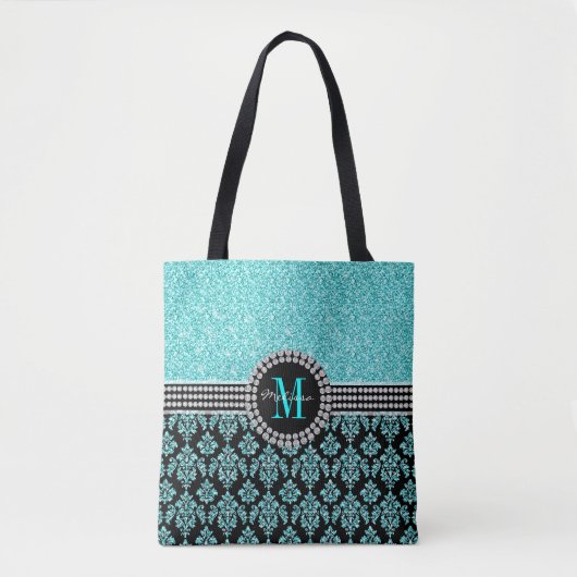 Girly Aqua Blue Glitter Monogram Damask Name Tote Bag (Voorkant)