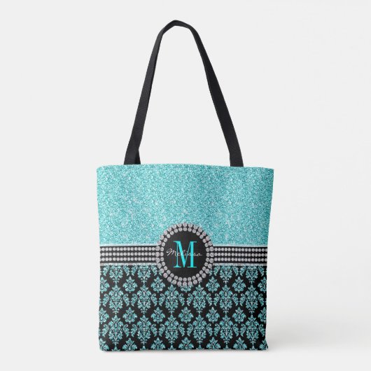 Girly Aqua Blue Glitter Monogram Damask Name Tote Bag (Achterkant)