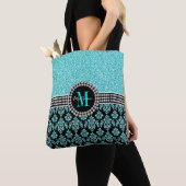 Girly Aqua Blue Glitter Monogram Damask Name Tote Bag (Dichtbij)