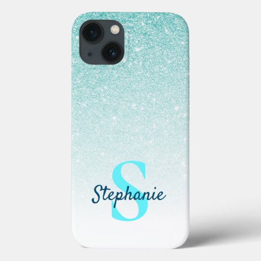 Girly Aqua Blue Glitter Ombre Monogram Case-Mate iPhone Case (Achterkant)
