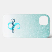 Girly Aqua Blue Glitter Ombre Monogram Case-Mate iPhone Case (Achterkant (horizontaal))