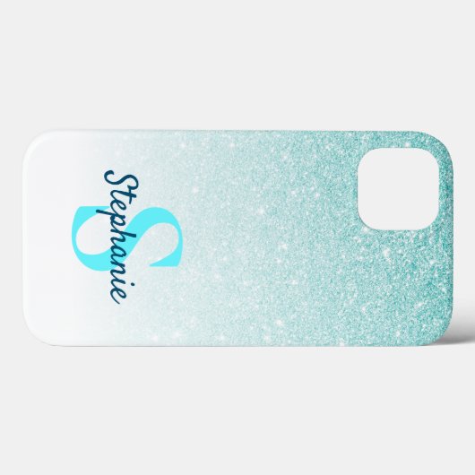 Girly Aqua Blue Glitter Ombre Monogram Case-Mate iPhone Case (Achterkant (horizontaal))