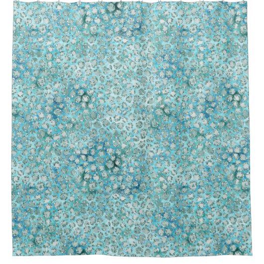 Girly Aqua Blue Glitzy Glitter Leopard Print Douchegordijn (Voorkant)