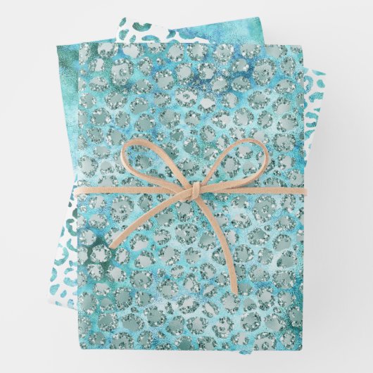Girly Aqua Blue Glitzy Glitter Leopard Print Inpakpapier Vel (In situ)
