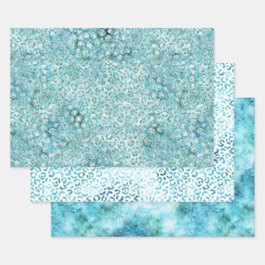 Girly Aqua Blue Glitzy Glitter Leopard Print Inpakpapier Vel (Set)