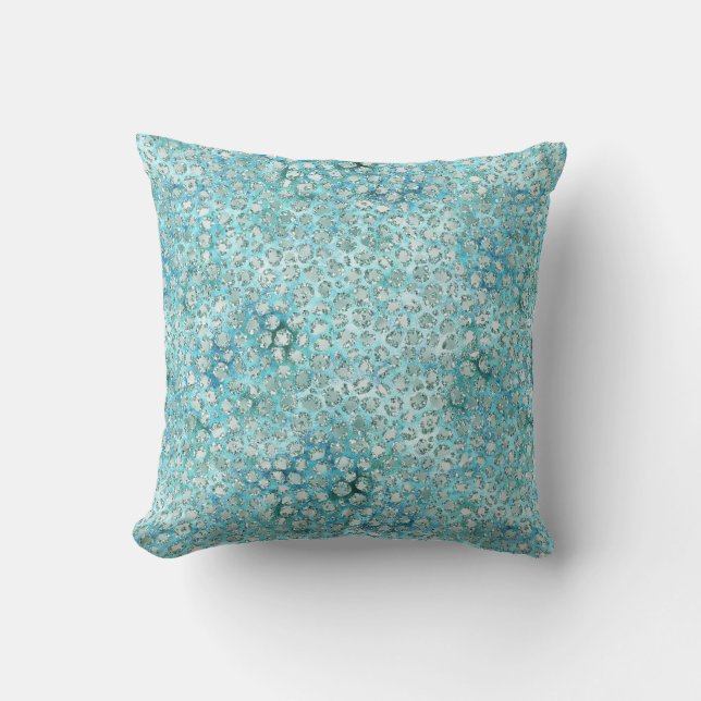 Girly Aqua Blue Glitzy Glitter Leopard Print Kussen (Voorkant)