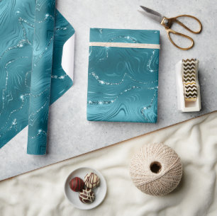 Girly Aqua Blue Glitzy Marble Verjaardag Cadeaupapier