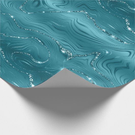 Girly Aqua Blue Glitzy Marble Verjaardag Cadeaupapier (Hoek)