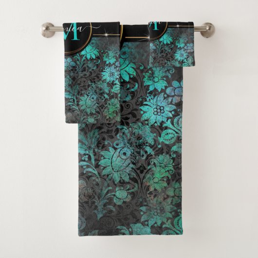Girly Aqua Blue Grunge Damask Gold Lijst Monogram Bad Handdoek (Insitu)