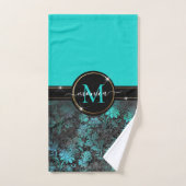 Girly Aqua Blue Grunge Damask Gold Lijst Monogram Bad Handdoek (Handdoek)