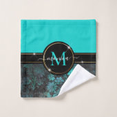 Girly Aqua Blue Grunge Damask Gold Lijst Monogram Bad Handdoek (Wasdoekje)