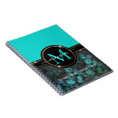 Girly Aqua Blue Grunge Damask Gold Lijst Monogram Notitieboek (Rechterzijde)