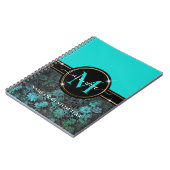 Girly Aqua Blue Grunge Damask Gold Lijst Monogram Notitieboek (Linkerzijde)