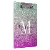 Girly Aqua Blue Pink Ombre Glitter Monogram Naam Klembord (Rechts)
