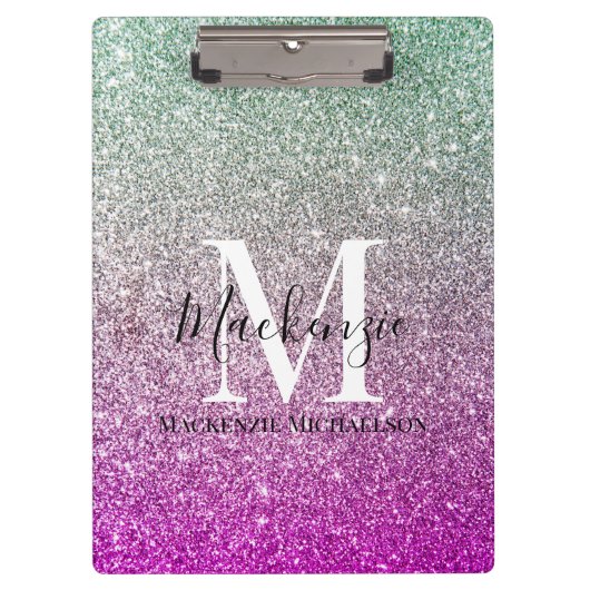Girly Aqua Blue Pink Ombre Glitter Monogram Naam Klembord (Voorkant)