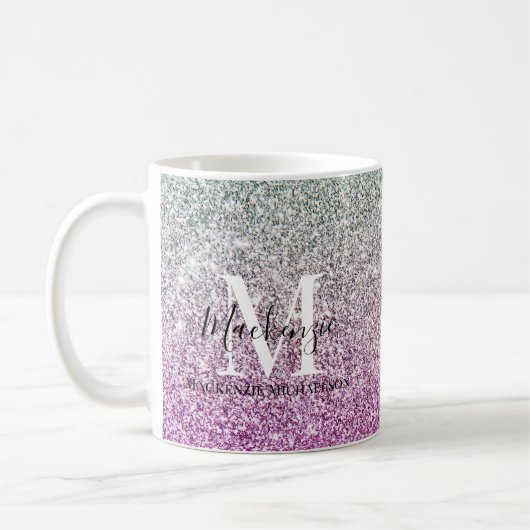 Girly Aqua Blue Pink Ombre Glitter Monogram Naam Koffiemok (Links)