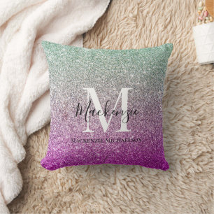Girly Aqua Blue Pink Ombre Glitter Monogram Naam Kussen
