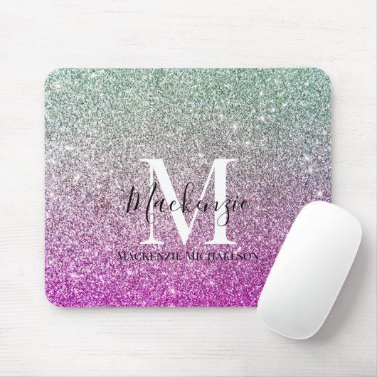 Girly Aqua Blue Pink Ombre Glitter Monogram Naam Muismat (Met muis)
