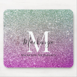 Girly Aqua Blue Pink Ombre Glitter Monogram Naam Muismat