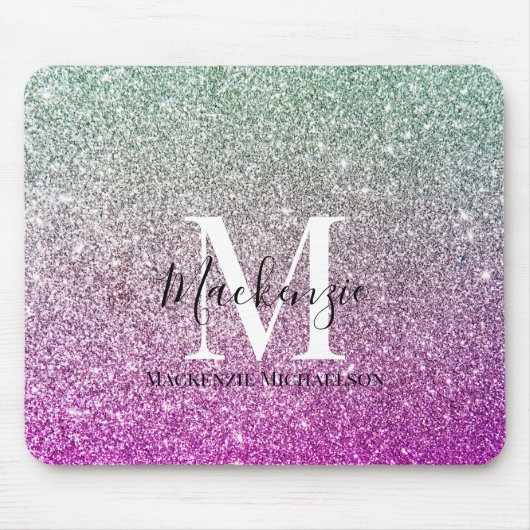 Girly Aqua Blue Pink Ombre Glitter Monogram Naam Muismat (Voorkant)