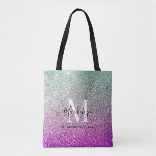 Girly Aqua Blue Pink Ombre Glitter Monogram Naam Tote Bag