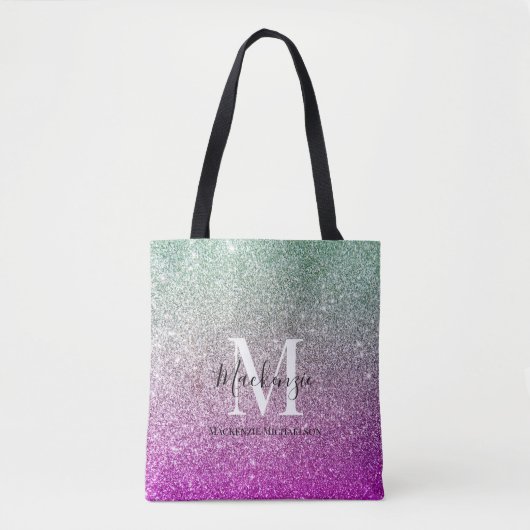 Girly Aqua Blue Pink Ombre Glitter Monogram Naam Tote Bag (Voorkant)
